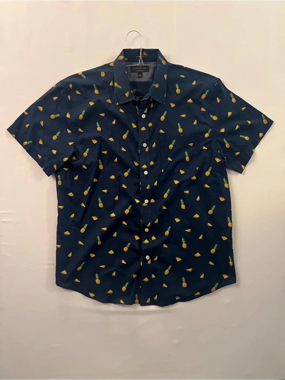 Banana Republic Navy Button-Down Shirt with Yellow Pineapple Print